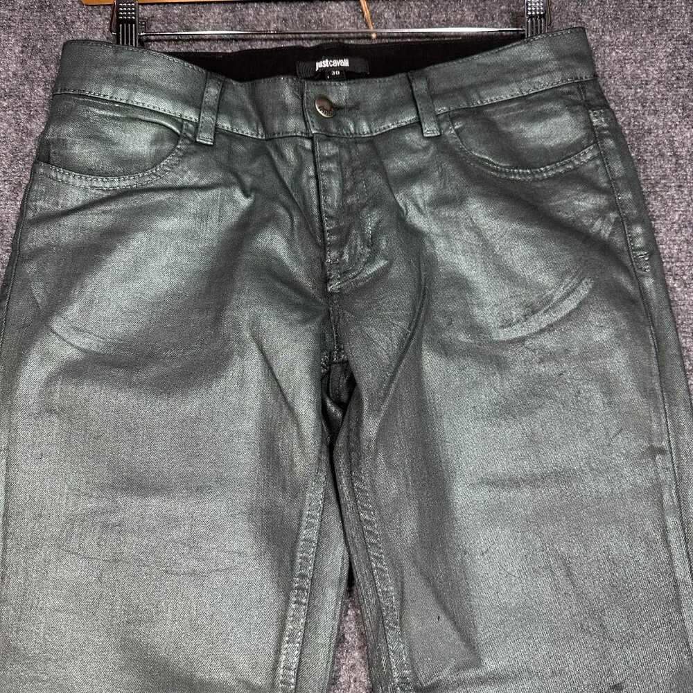 Just Cavalli  Jeans Womens 30 Green Waxy Skinny Cotton Stretch Pockets Zip Fly - Picture 3 of 9
